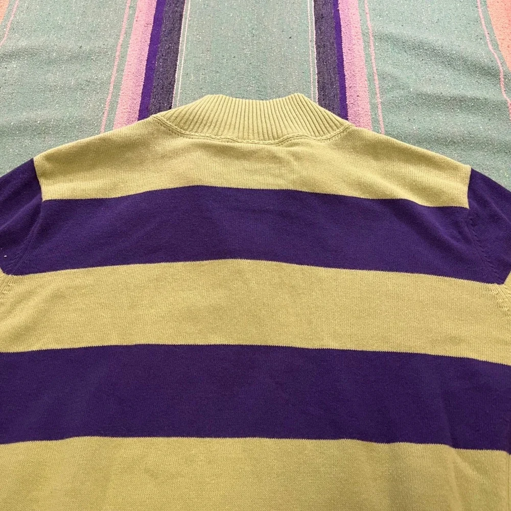 Le Tigre Quarter Zip Sweater Mens Large Green Purple Striped Cotton Pullover